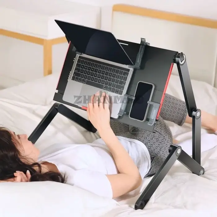 Couché plat sur le lit, bureau pour ordinateur portable, support pliable pour tablette, réglable et 
