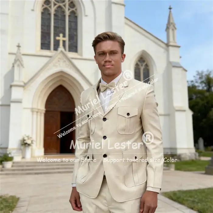 Costume élégant pour homme, veste et pantalon décontractés, ensemble 2 pièces, style safari personna