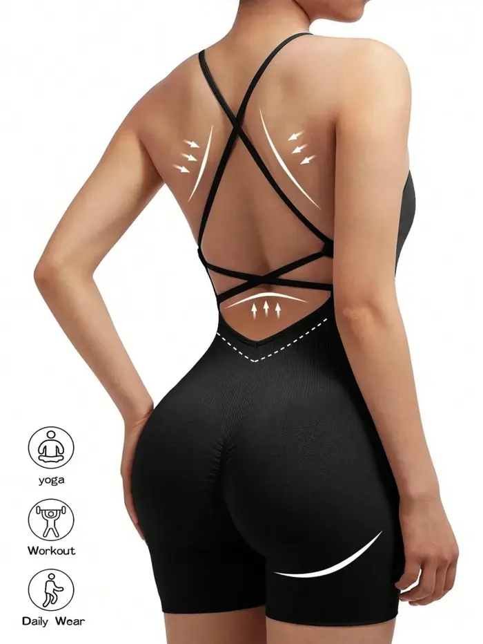 Combinaison Fitness Sexy Femme - Combishort Sport Réglable Croisé Yoga Dos Nu Barboteuse