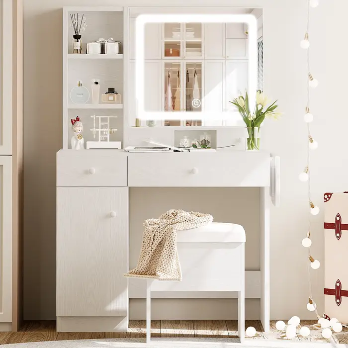 LIKIMIO-Bureau de courtoisie avec miroir 4.2 par LED, prise de courant et armoire, tabouret de range