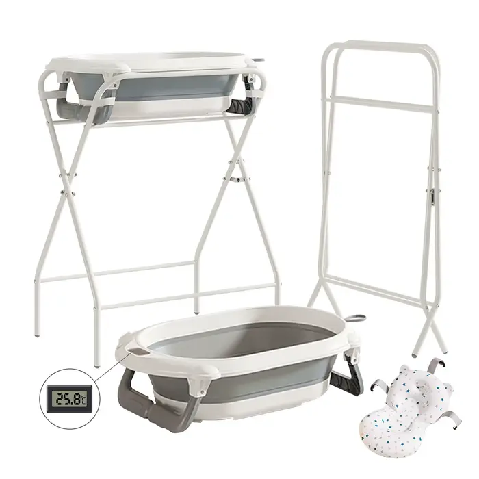 Baignoire pour bébé 3 en 1 avec support, baignoire pliable pour nouveau-né à tout-petit avec thermom