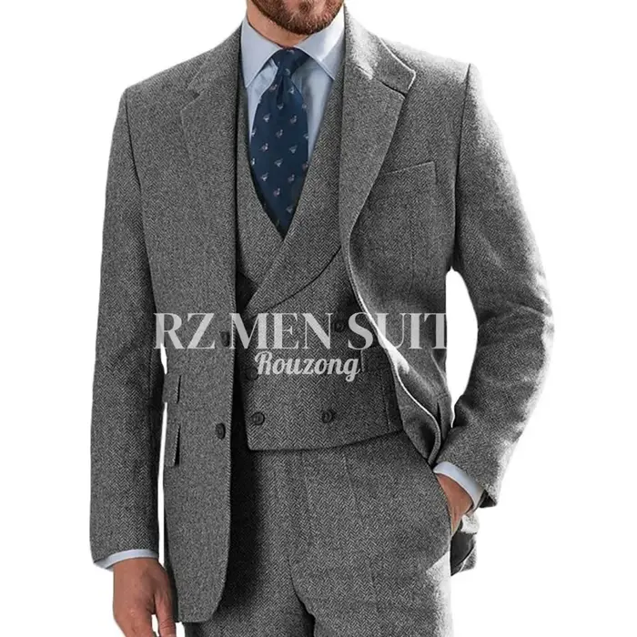 Costumes en tweed pour hommes, 3 pièces, en tweed à chevrons, coupe ajustée, blazer croisé, smoking,