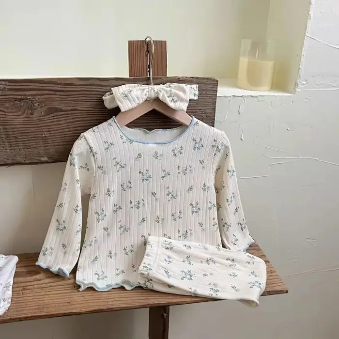 ‌ Nouveauté bébé filles imprimé fleuri coton pyjama ensemble à manches longues dentelle garniture de