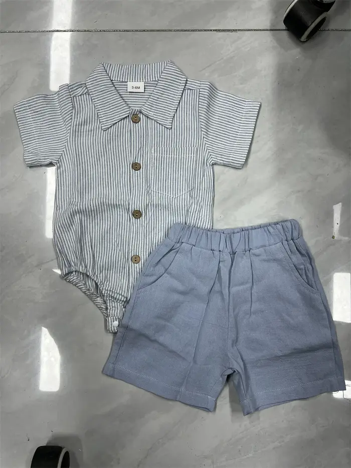 Tenue 2 pièces barboteuse rayée à manches courtes et col rabattu avec short à taille élastique pour bébé garçon occasions familiales et spéciales