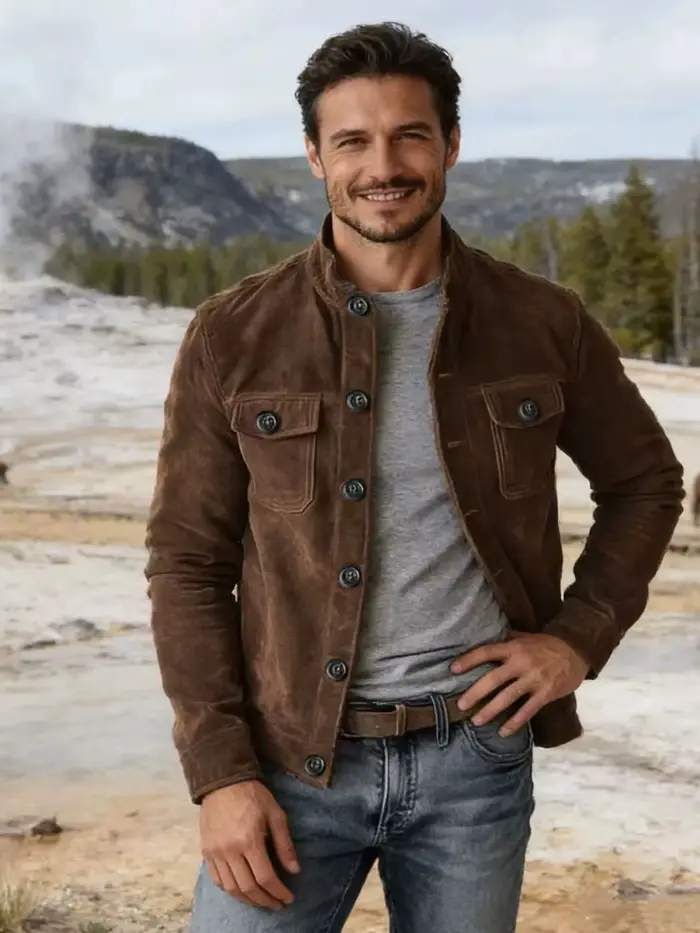 Veste de travail rétro en daim pour homme |   Design à revers, style américain classique