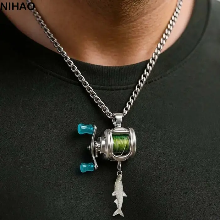 Collier de luxe avec moulinet de pêche rotatif et détachable, pendentif exquis en argent pour homme,