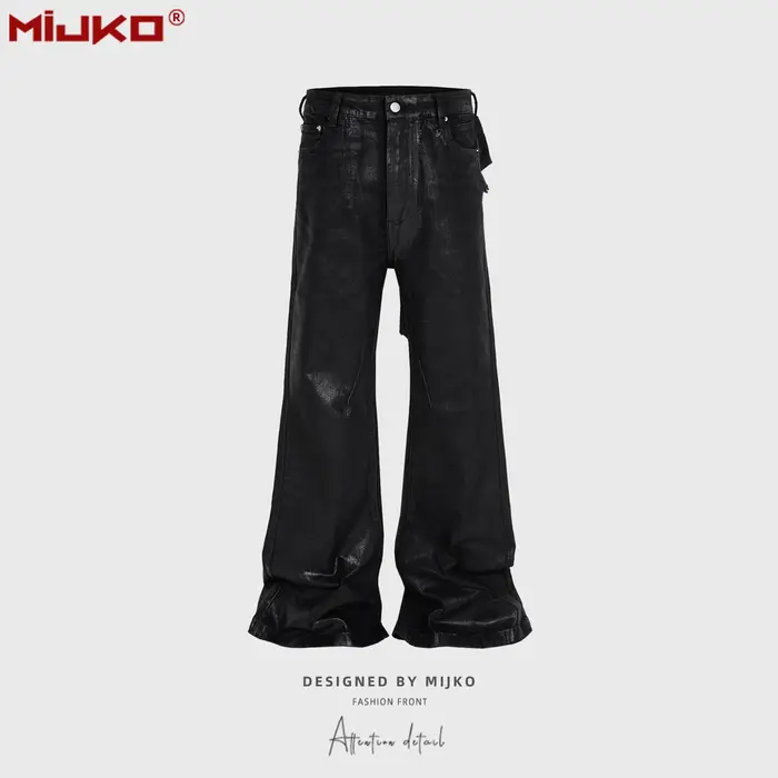 MIJKO jean extensible en cuir ciré noir pour hommes femmes pantalon évasé Baggy pantalon en Denim dr