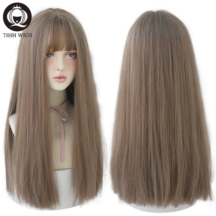7JHHWIGS – perruques synthétiques longues et lisses marron clair avec frange pour femmes, résistante