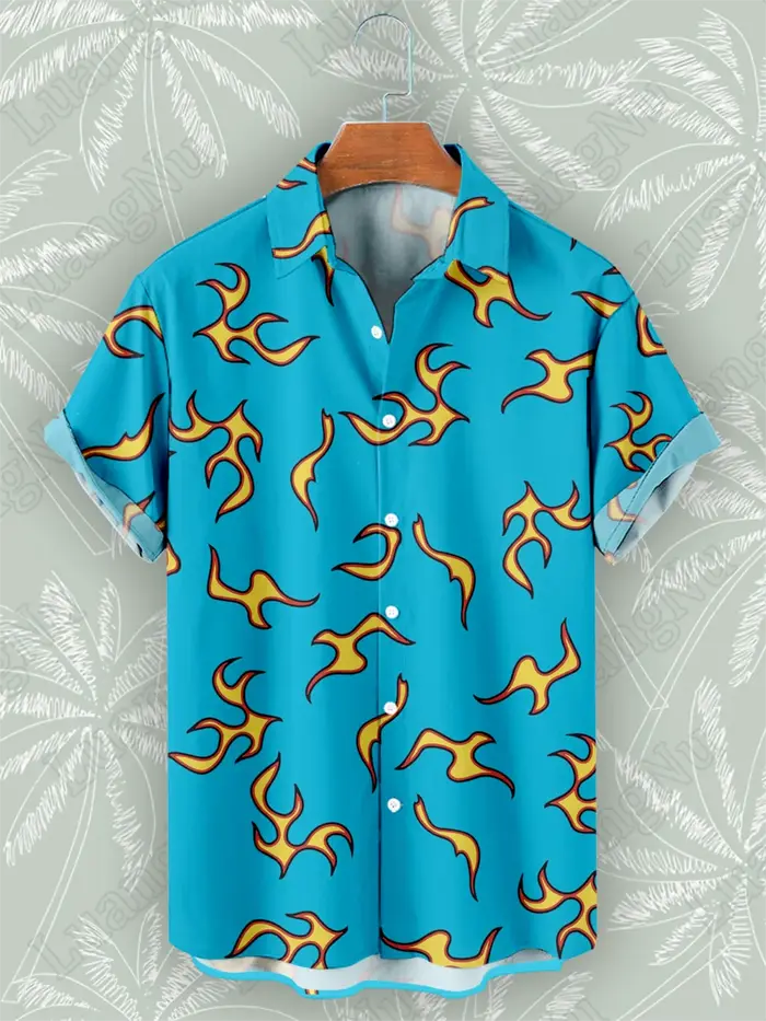 Chemise hawaïenne bleue flamme pour hommes, manches courtes, chemises de rue décontractées, mode hau