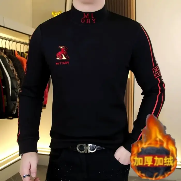 T-shirt à manches longues et col Semi-haut pour homme, en velours Double face, épais et chaud, Slim,