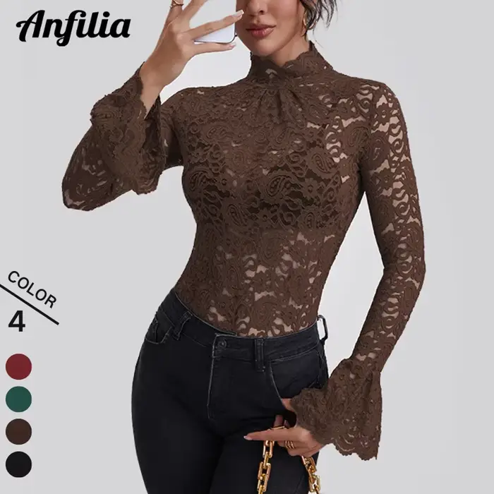 Anfilia femmes chemises en dentelle col roulé élégant Flare manches longues évider coupe ajustée Cro