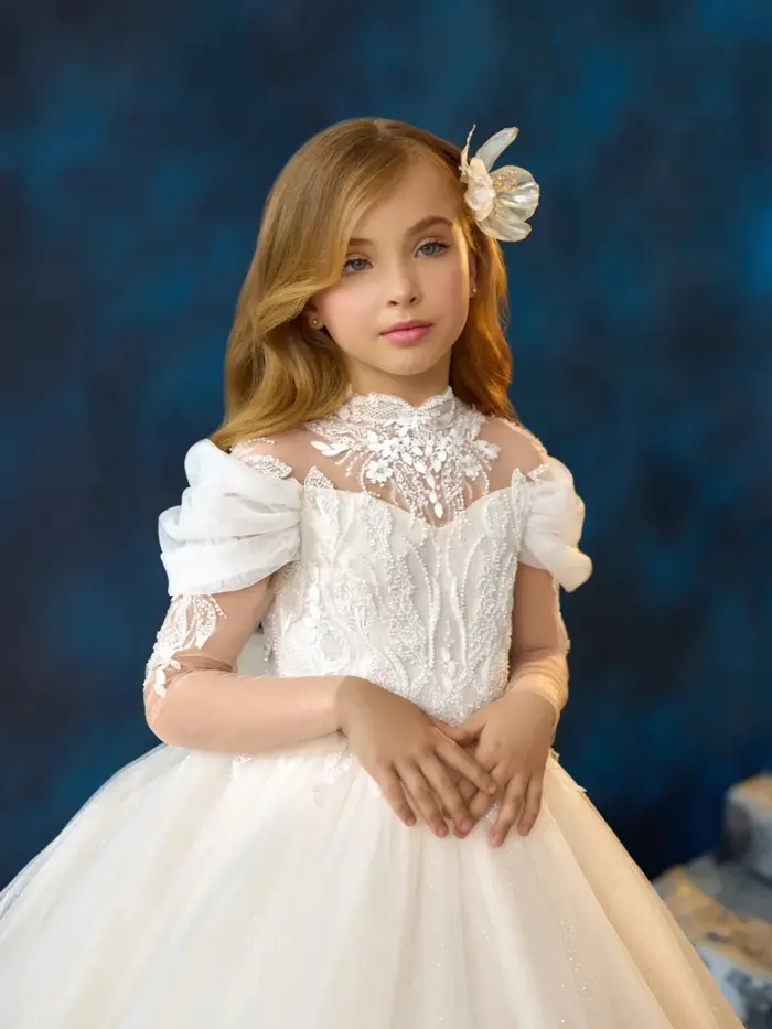 Robes blanches élégantes en dentelle pour filles, avec des Appliques de fleurs, des perles brillante