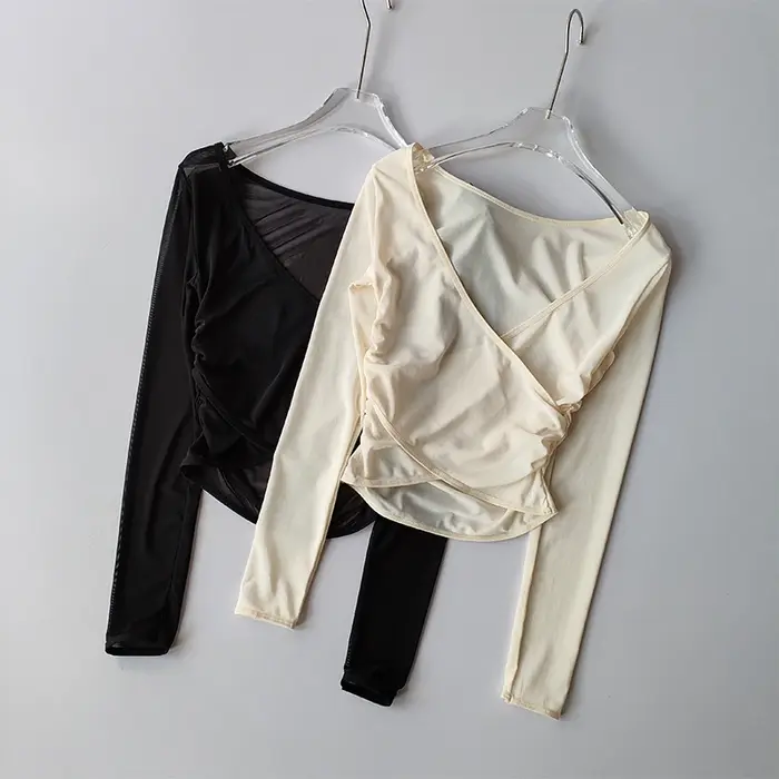 T-shirt sport col V maille respirante - Yoga running fitness - Manches longues entraînement