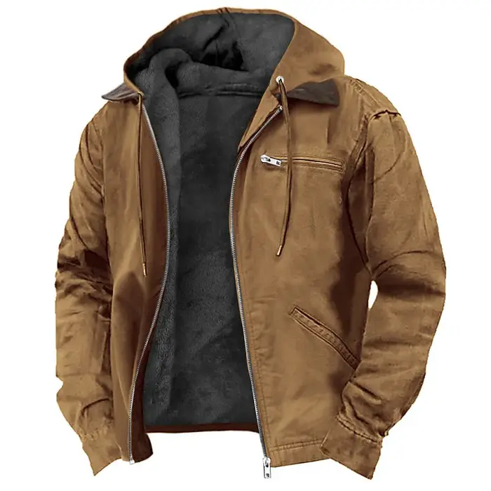 Veste d'hiver en peluche pour homme, style vintage, couleur unie, avec fermeture éclair, capuche, ma