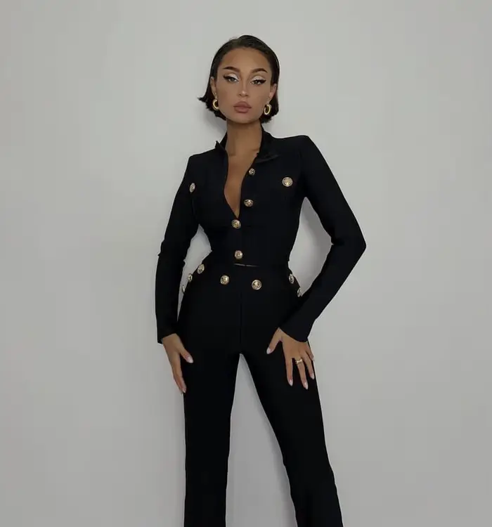 Nouveau Style d'automne couleur noire femmes à manches longues bouton rayonne Bandage manteau pantal