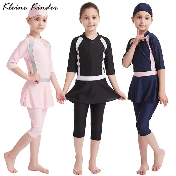 Maillot de bain musulman pour filles, ensemble jupe et bonnet, 3 pièces, modeste, tenue de plage ara