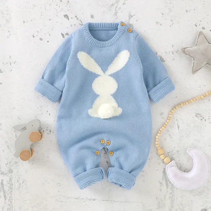 Barboteuse tricotée en forme de lapin pour bébé, vêtements de printemps et d'automne, col rond, manc