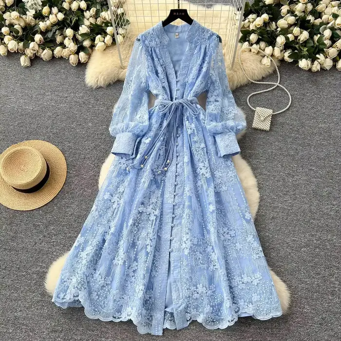 Robes formelles brodées de luxe pour femmes, lanterne d'été et d'automne, manches longues, dentelle,