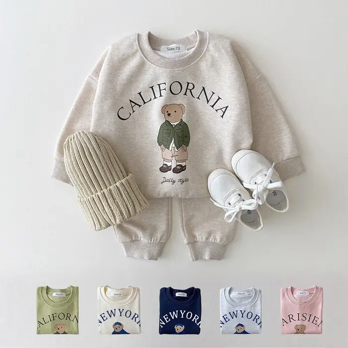 Ensembles de vêtements pour bébés garçons et filles, sweat-shirts à motif d'ours + pantalons de sport en coton simple, 2 pièces, vêtements pour enfants, nouveau costume pour garçon