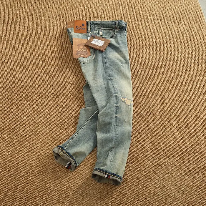Jean en Denim Patchwork de style rétro américain pour hommes, pantalon droit effilé, extensible, dél