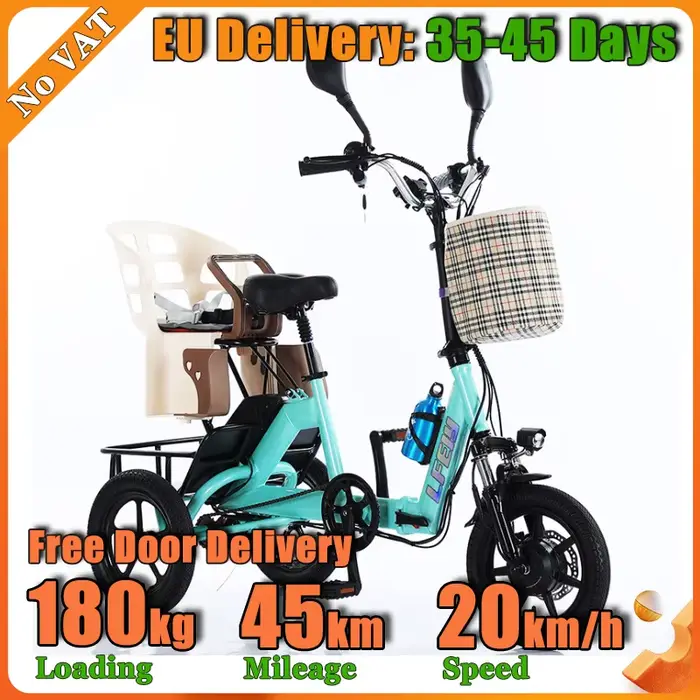 Tricycle Électrique Pliable Double Siège Adulte Enfant Vitesse Sécurité Autonomie Portée 70Km Confort Pratique Occasions Familiales Parc Visites