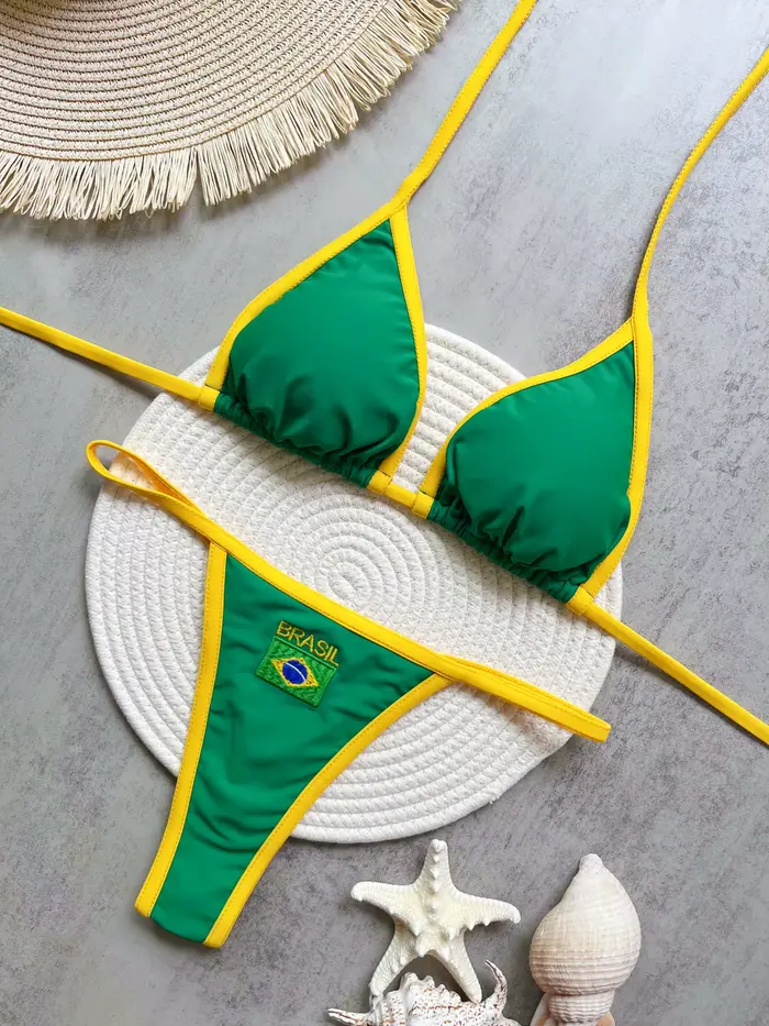 RUOTONSEPT Sexy broderie drapeau du brésil contraste fendu Bikini ensemble femmes maillots de bain P