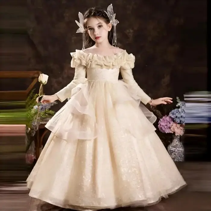 Robe de Cérémonie Fille 2026 – Robe Longue à Fleurs et Manches Longues pour Enfants, Idéale pour Hôt