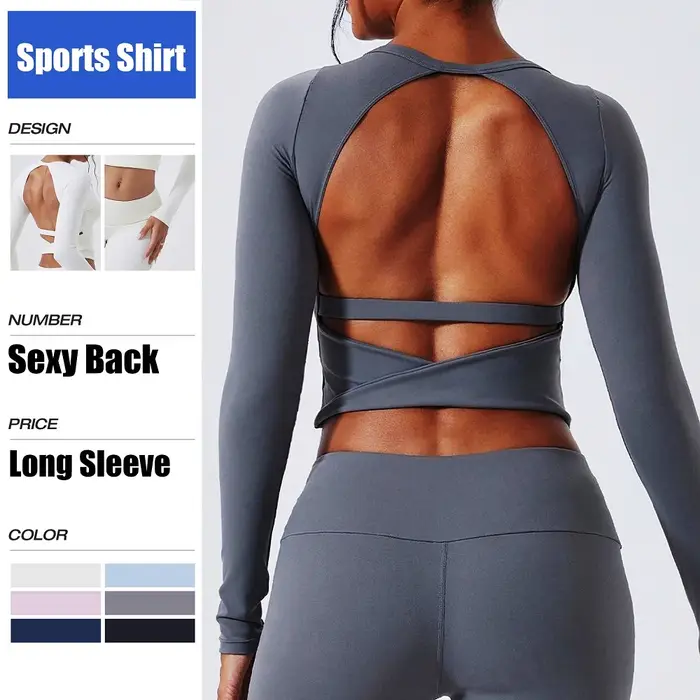 Chemise de yoga Cloud Hide SEXY dos nu gris pour femmes, manches longues, chemisier de Pilates, haut