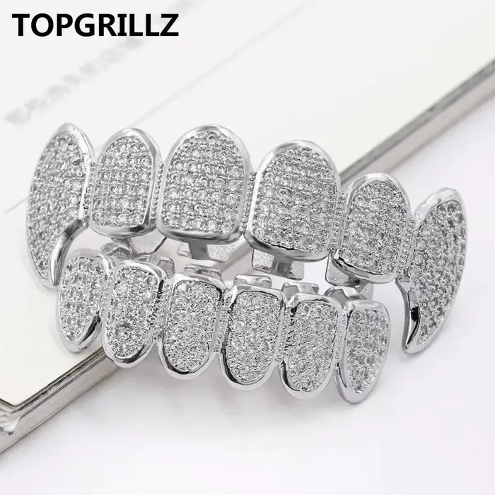 TOPGRILLZ – ensemble de grilles en Rhodium, plaqué argent, CZ, Micro pavé, haut et bas, dents de Vam