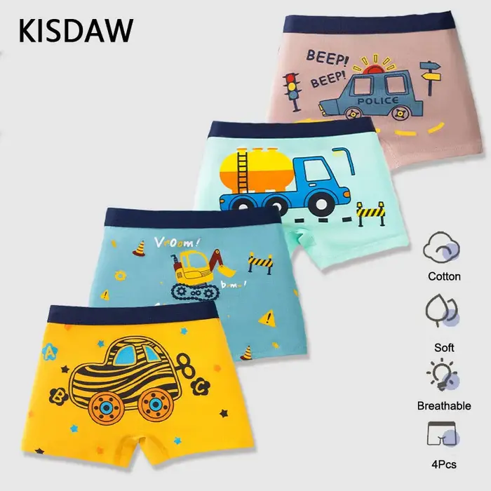 Lot de 4 culottes en coton pour garçon de 3 à 14 ans, sous-vêtements respirants pour enfants, motifs