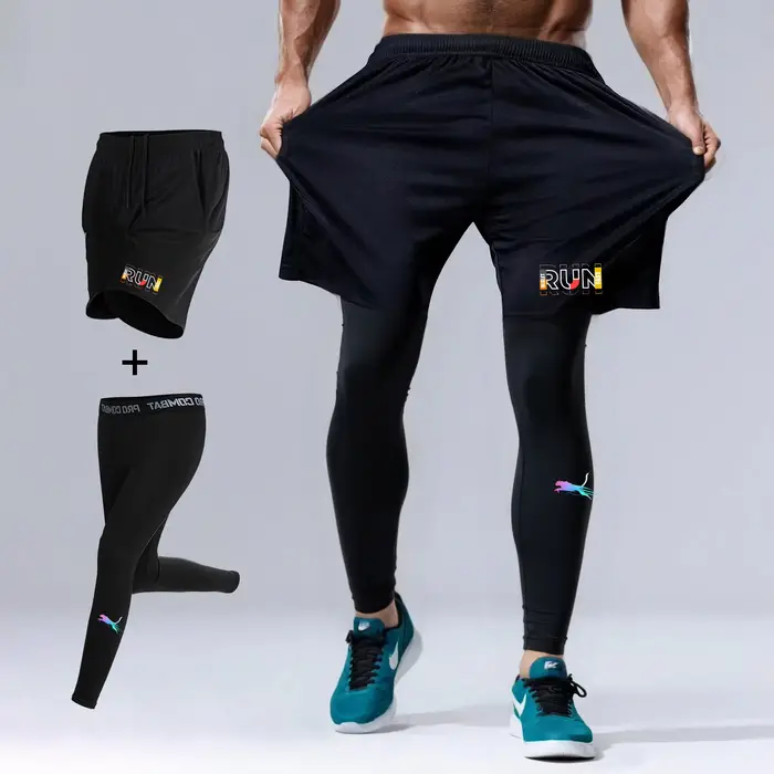 Ensemble de course 2 pièces pour homme - Short sport et collants compression fitness