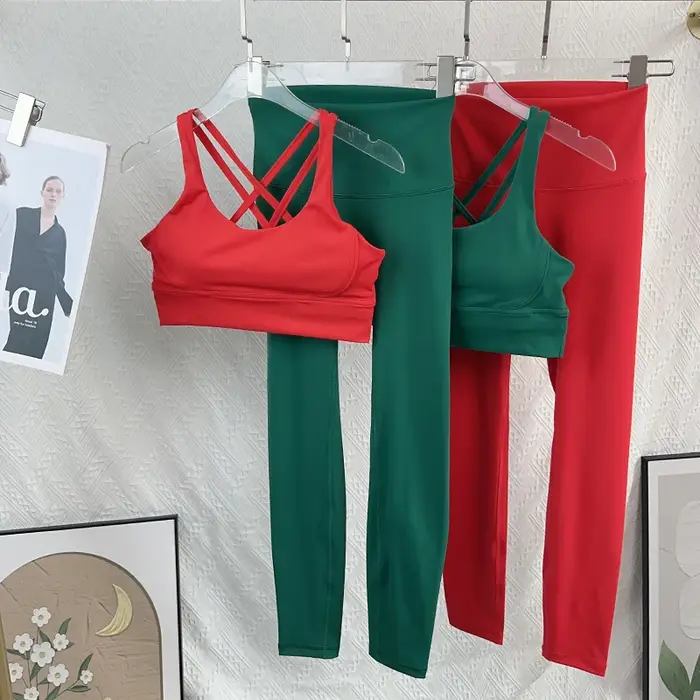 Costume de yoga 2 pièces style Noël, couleur unie, ensemble de fitness, dos croisé, haut de yoga, pa