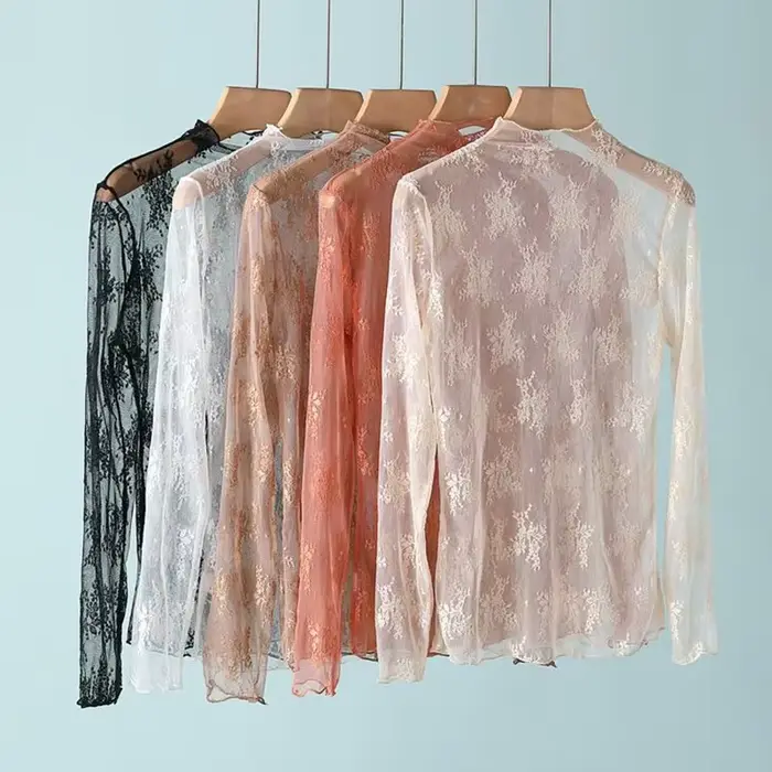 Chemise en dentelle florale pour femmes, manches longues, Sexy, chemises à bascule en maille, col mo