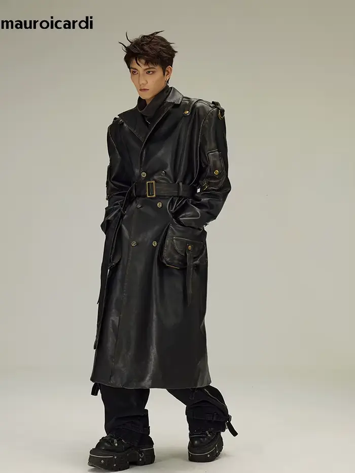 Mauroicardi-Manteau Long en Cuir Pu Noir pour Homme, Ceinture Double Boutonnage, Luxe, Mode Européen