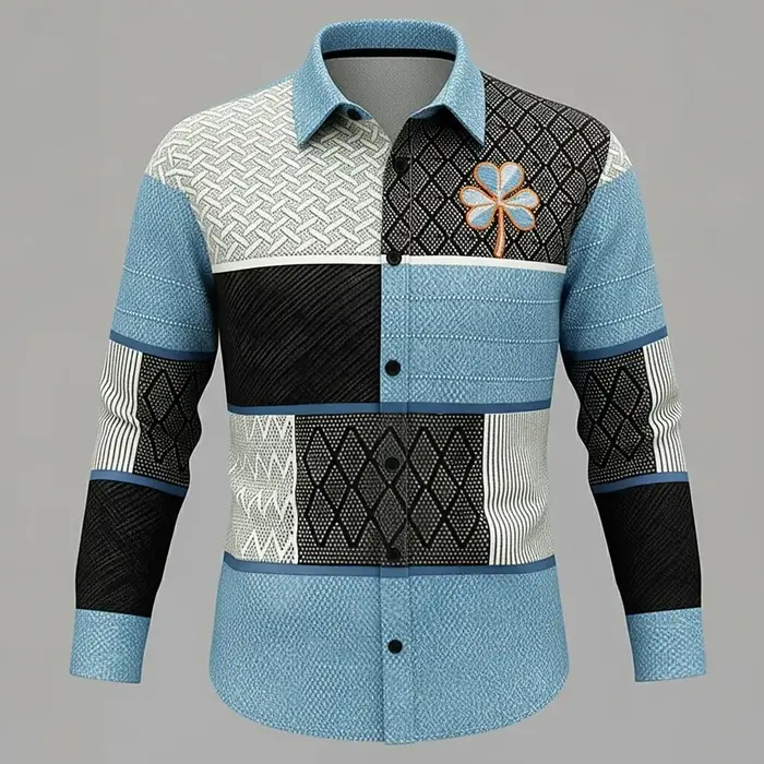 Chemise décontractée à manches longues pour homme, motif bicolore bleu et noir orné d'un logo trèfle