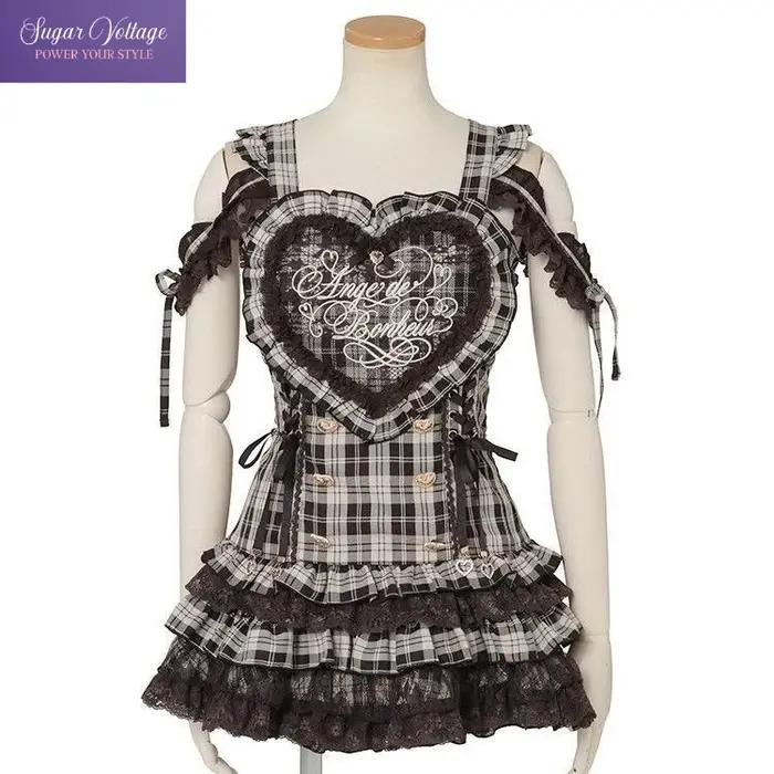 Ensemble 2 pièces japonais Y2K Lolita pour femmes, robe à bretelles en dentelle brodée de cœur + Min