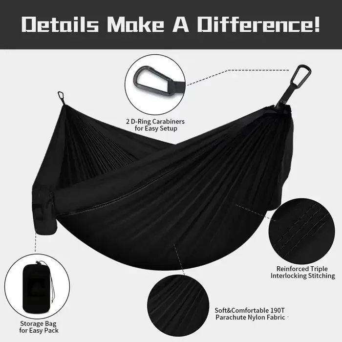 Double hamac de Camping surdimensionné, hamac à sangles d'arbre Portable, hamac de voyage en Nylon 2