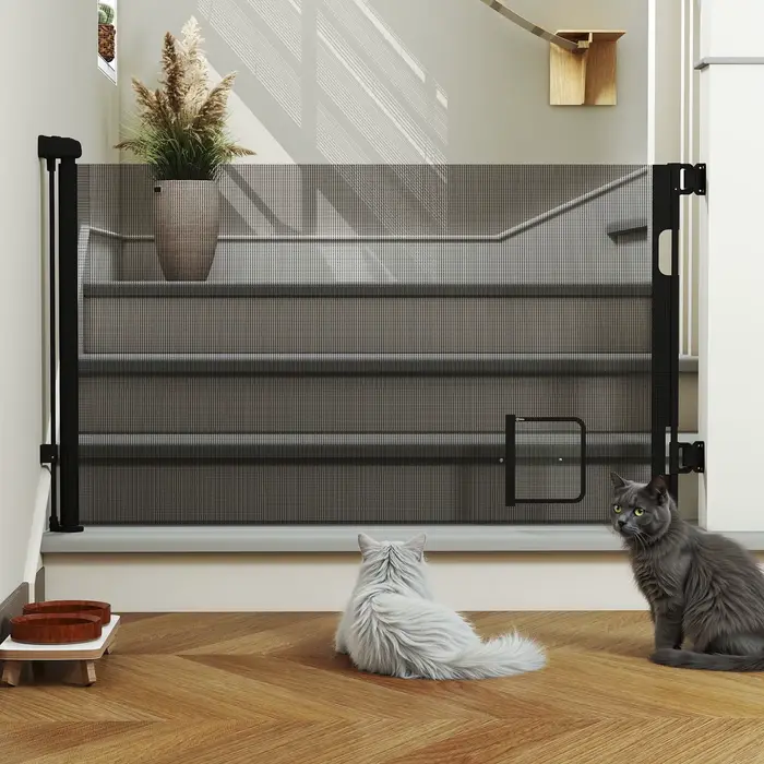 Porte de sécurité rétractable pour bébé 0-150 cm, avec trou pour chat, porte de sécurité enroulable 