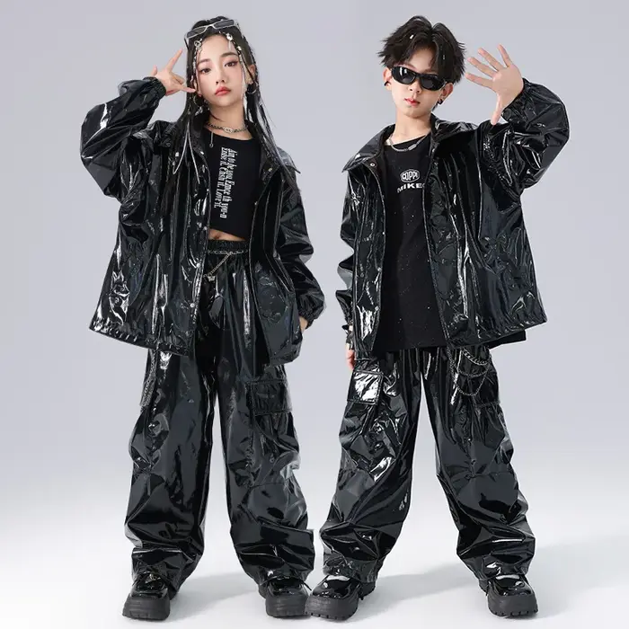 Ensembles veste et pantalon en cuir brillant pour enfants, vêtements de performance de danse sur scè