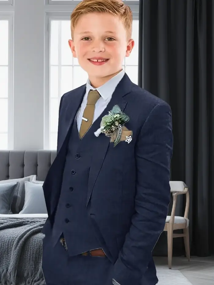 Costume en lin pour garçons, coupe cintrée, 3 pièces, Blazer, gilet, pantalon, été, plage, mariage, 