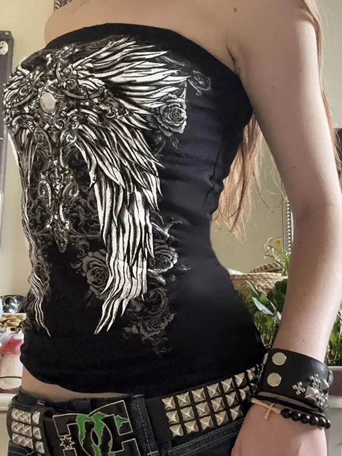 Haut tubulaire sans bretelles noir imprimé gothique pour femmes, slim, court, décontracté, Chic, gra