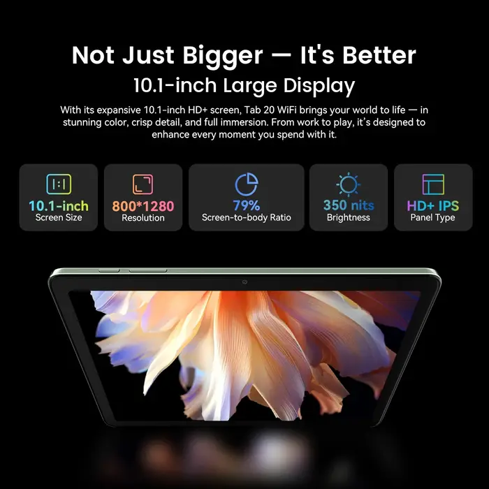 Tablette Blackview Tab 20 WIFI 10,1'' HD+ IPS Display Widevine L1 4 Go 64 Go Unisoc T310 Android 15 