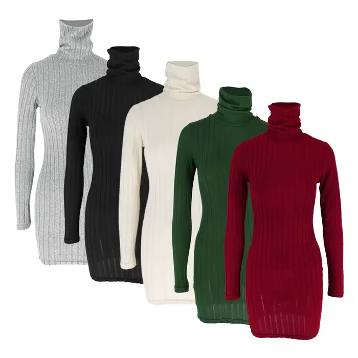 Nouvelles Robes Automne Hiver Femme Manches Longues Col Roulé Unies Sexy Moulantes Fourreau Mini Rob