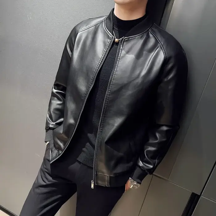 Nouvelle veste en similicuir pour homme, style motard, col montant, fermeture éclair, coupe ajustée,