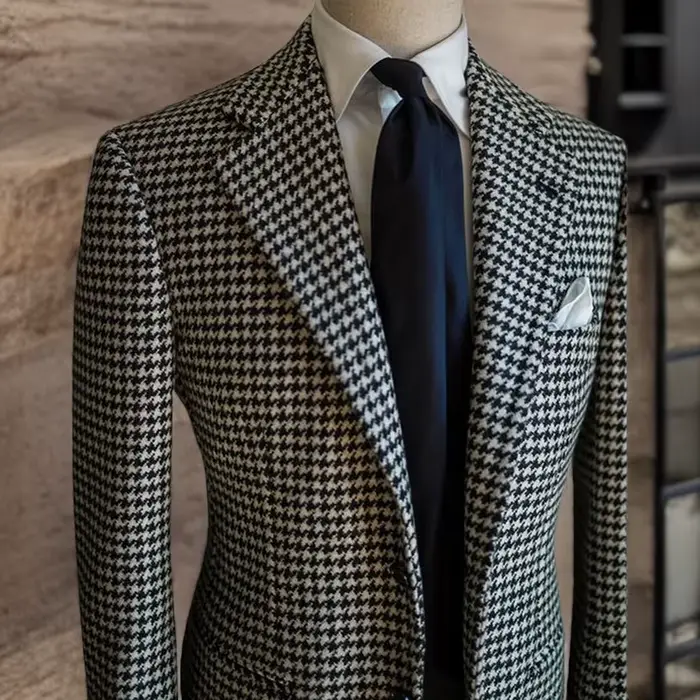 Blazer d'affaires pied-de-poule pour hommes, veste de costume à revers cranté à carreaux, manteau fo