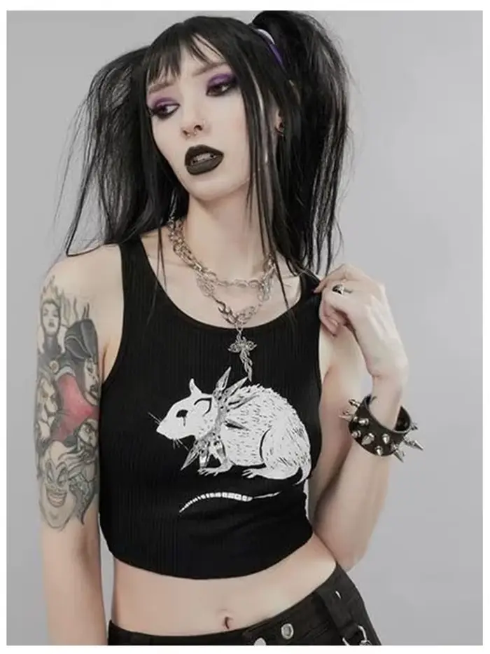 Débardeur noir imprimé souris, Goth, Sexy, moulant, hauts courts pour femmes, Streetwear, Harajuku, 
