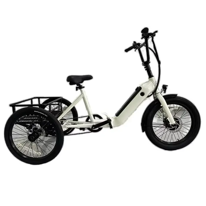Tricycle de vélo électrique pliable à trois roues pour adultes hors route avec panier de chargement pneus de 20 pouces pour homme sorties nature libertés quotidiennes