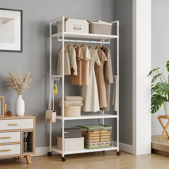 Porte-manteau multifonctionnel avec cintres et étagère de rangement multi-niveaux pour salon et chambre gain de place organisation vêtements chaussures accessoires