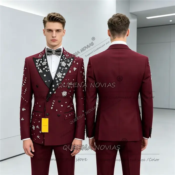 Costume de luxe bordeaux pour homme pour mariage, orné de pierres de joaillerie Black Label, blazer 