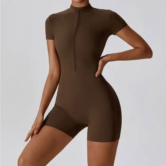 Ensemble de Yoga une pièce pour femmes, fermeture éclair, manches courtes, vêtements d'entraînement,